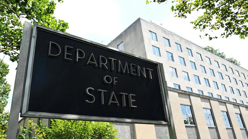 A general view of a U.S. State Department sign outside the U.S. State Department building in Washington, D.C., U.S., July 11, 2025.