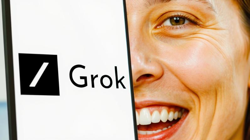 Montagem logotipo Grok com rosto de Elon Musk-Reprodução