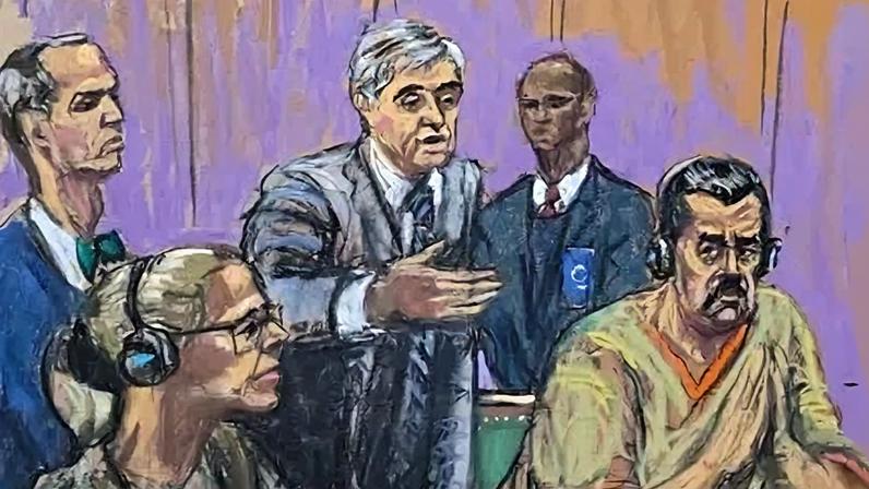 Desenho mostra Nicolás Maduro em audiência em tribunal de Nova York em 26 de março de 2026.