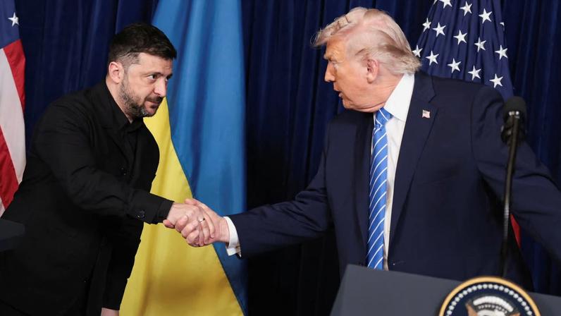 U.S. President Donald Trump and Ukrainian President Volodymyr Zelenskiy shake hands during a press conference after their lunch meeting at Trump’s Mar-a-Lago club, in Palm Beach, Florida, U.S., December 28, 2025.
