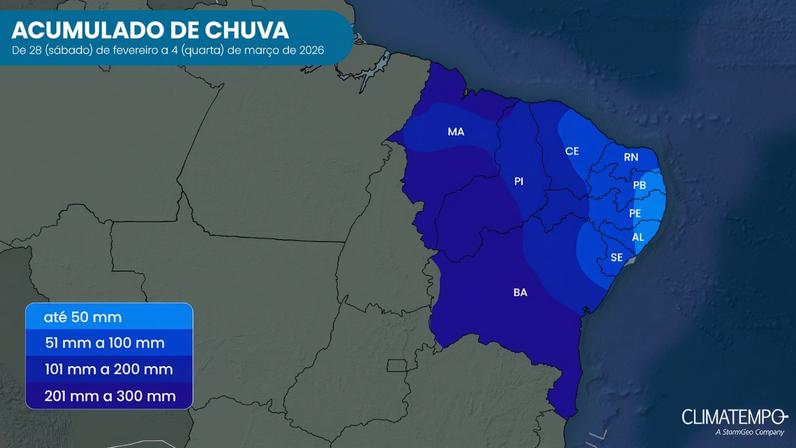 Chuva muito volumosa prevista para o Nordeste entre 28 de fevereiro e 4 de março de 2026. (Fonte: Climatempo)