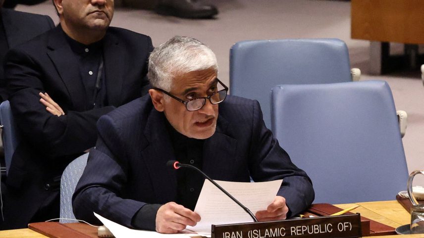 Amir-Saeid Iravani, Iran's Ambassador to the United Nations, addresses members of the United Nations Security Council on resolutions on the situation in Iran and the Middle East at U.N....