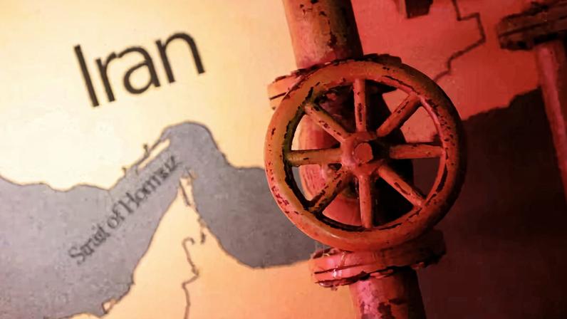 Illustration shows map showing the Strait of Hormuz, Iran and 3D printed oil pipeline