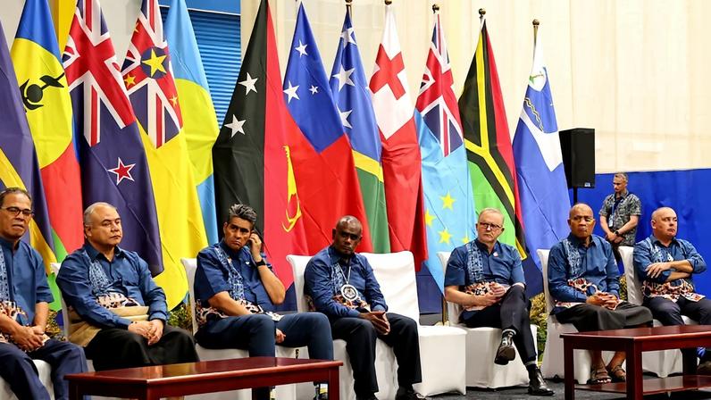 Leaders of Pacific island nations sit together during the Pacific Islands Forum in Honiara, Solomon Islands, on Sept. 10, 2025.