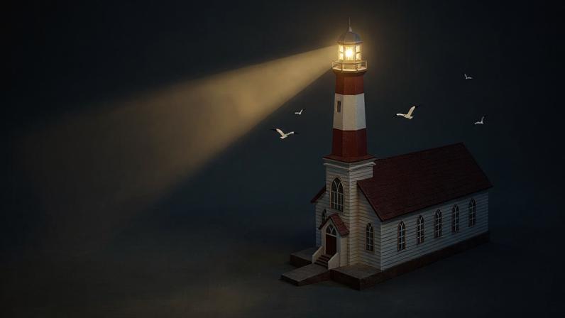 Church building with a lighthouse tower instead of a steeple shining a beam of light.