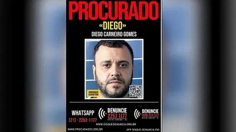 Diego Carneiro Gomes era procurado pela Justiça, sob suspeita de matar um policial do Bope após uma briga de trânsito em Bangu (RJ).