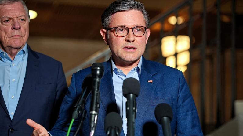 U.S. Speaker of the House Mike Johnson (R-LA) speaks to the media following a briefing for Congressional leaders on the situation in Iran, on Capitol Hill in Washington, D.C., U.S., March 2, 2026.