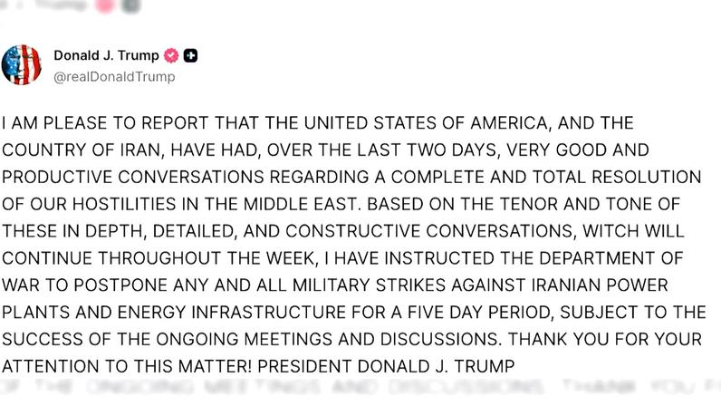 Comunicado oficial nas redes sociais em que o presidente Donald Trump confirmou a suspensão dos ataques