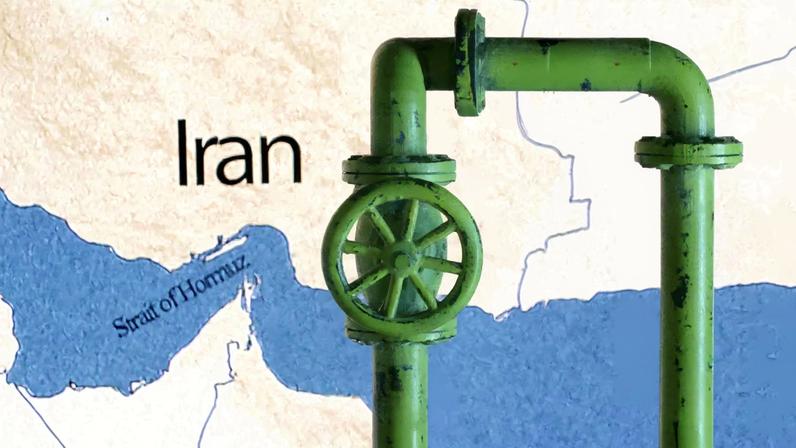 A map showing the Strait of Hormuz and Iran is seen behind a 3D printed oil pipeline in this illustration taken June 22, 2025. REUTERS/Dado Ruvic/Illustration