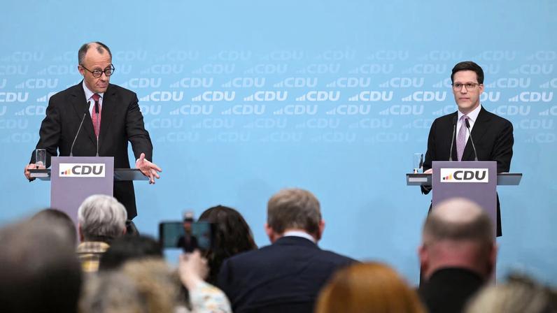 German Chancellor and Christian Democratic Union (CDU) party leader Friedrich Merz and CDU top candidate for the Baden-Wuerttemberg state election, Manuel Hagel, attend a press conference after the Baden-Wuerttemberg state election, in Berlin, Germany, March 9, 2026. REUTERS/Annegret Hilse