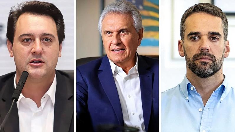 Os governadores Ratinho Jr. (Paraná), Ronaldo Caiado (Goiás) e Eduardo Leite (Rio Grande do Sul), todos do PSD. Fotos: Rodrigo Felix Leal/ANPr, Secom-GO/Divulgação e Maurício Tonetto/GOVRS