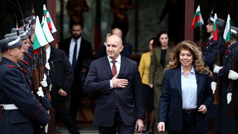Outgoing Bulgarian President Rumen Radev reacts next to President Iliana Iotova as he leaves the Presidency to officialy step down, in Sofia, Bulgaria, January 23, 2026.