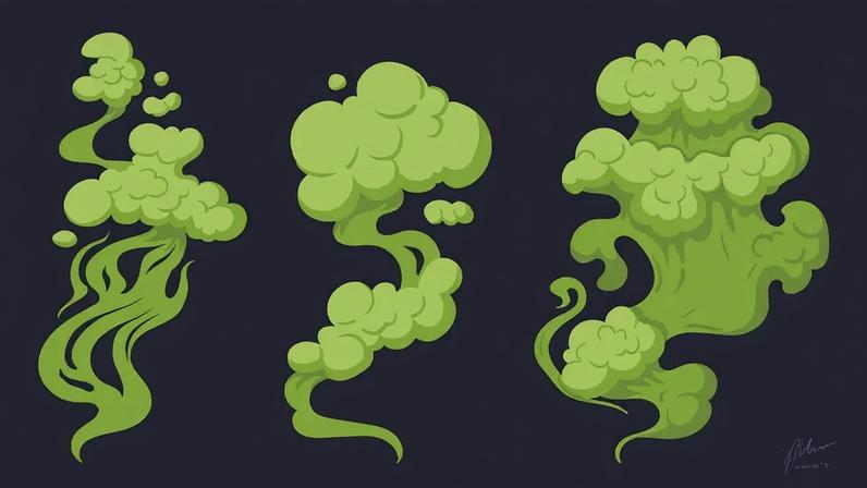 Ilustração, em fundo preto, de três nuvens verdes.