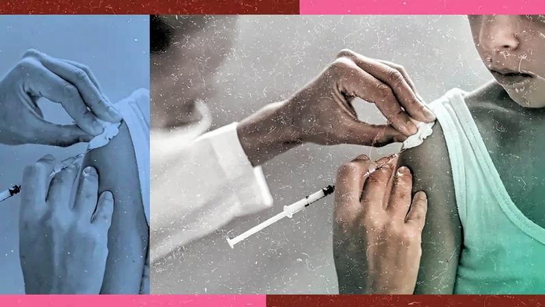 Imagem de uma criança tomando vacina no braço.