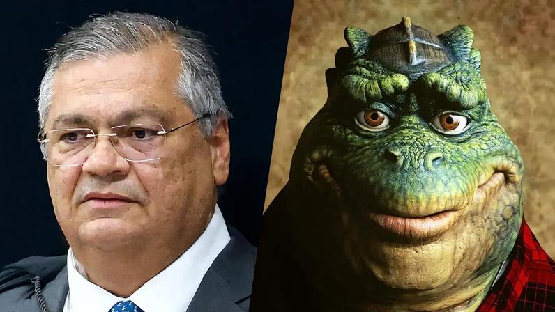 Imagem do juiz do STF Flávio Dino e do personagem Dino da Silva Sauro.