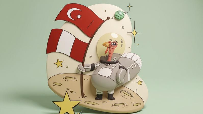 Ilustração cômica, em fundo verde, de um peru vestido de astronauta fincando as bandeiras do Peru e da Turquia no solo lunar.