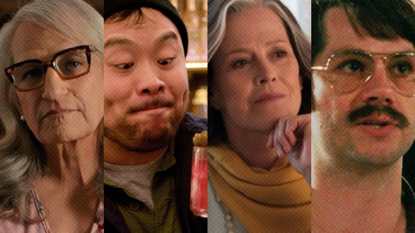 Montagem com fotos dos filmes: Will & Harper, Ugly Delicious, O Meu Ano com Salinger e Saturday Night: A Noite que Mudou a Comédia.