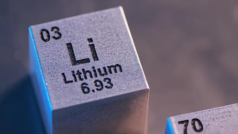 Illustration shows block with the symbol, atomic number and mass number of Lithium (Li) element
