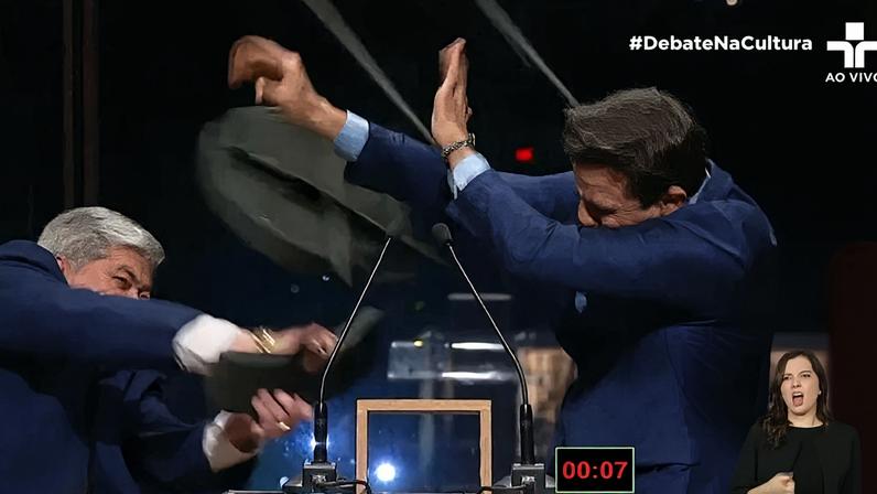 Datena agride Pablo Marçal durante debate na TV Cultura. Foto: Reprodução/TV Cultura