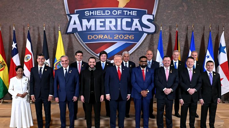 U.S. President Donald Trump stands for a family photo with Latin American and Caribbean leaders at the start of the “Shield of the Americas” Summit at Trump National Doral, just outside of the U.S. city of Miami, on March 7.