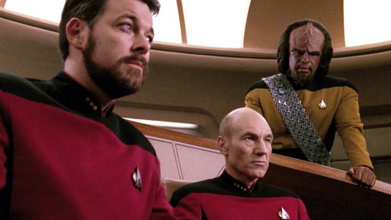 Jonathan Frakes, Patrick Stewart, and Michael Dorn (from left) in the "Star Trek: The Next Generation."