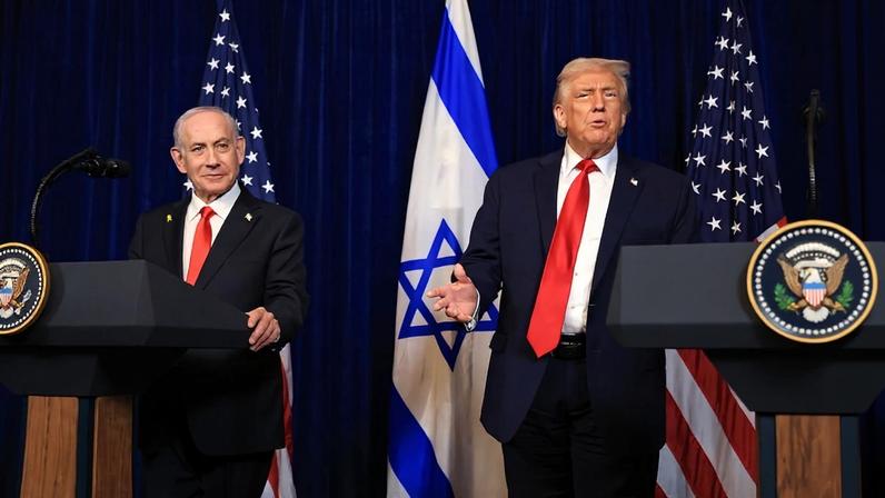 U.S. President Donald Trump holds a press conference with Israeli Prime Minister Benjamin Netanyahu at the former’s Mar-a-Lago club in Palm Beach, Florida, United States, on Dec. 29, 2025.