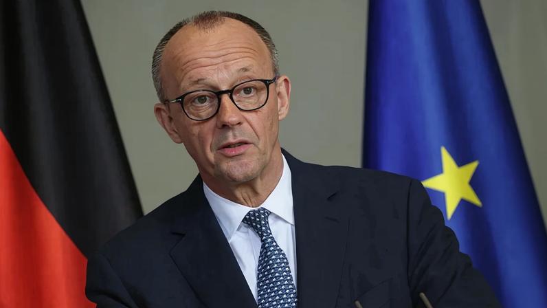 German Chancellor Friedrich Merz speaks to the media following talks at the Federal Chancellery in Berlin on March 16.