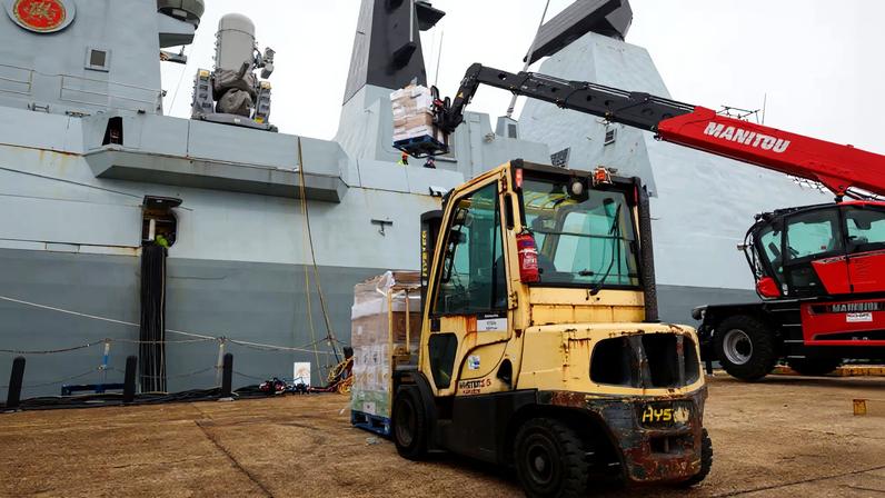 Supplies are loaded on HMS Dragon as it prepares to deploy to the Mediterranean, in Portsmouth, Britain, March 8, 2026. PO Phot Chris Sellars/UK MOD/Handout via REUTERS