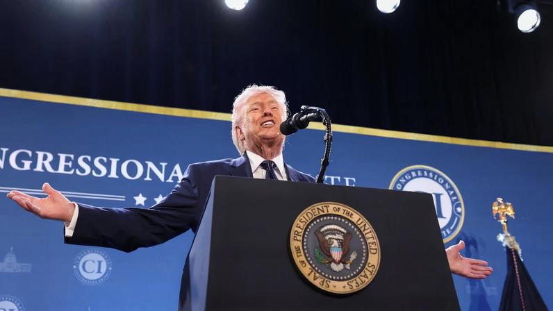 U.S. President Donald Trump delivers remarks to members of the Republican Party, at Trump National Doral Miami in Miami, Florida, U.S., March 9, 2026. REUTERS/Kevin Lamarque