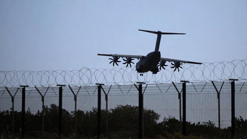An aircraft prepares to land in RAF Akrotiri, a British sovereign base in Cyprus that was hit by a drone, in Cyprus