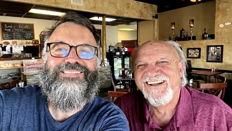 Erik and Tony prepare to part ways after lunch at Simply Falafel in Edmond, Okla.