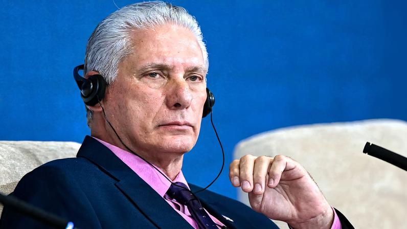 Cuban President Miguel Diaz-Canel attends a plenary session of the Eurasian Economic Forum in Minsk