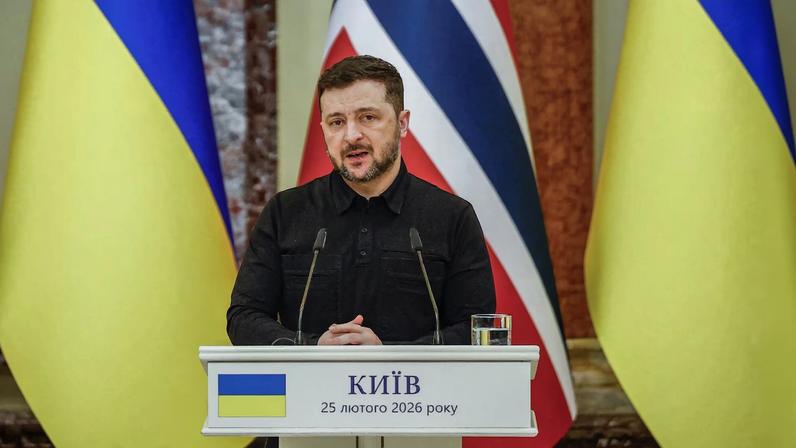Ukraine's President Volodymyr Zelenskiy talks as he attends a joint press conference with Norway's Prime Minister Jonas Gahr Stoere (not pictured), amid Russia's attack on Ukraine, in Kyiv, Ukraine February 25, 2026.