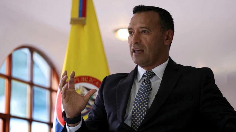 Colombian Minister of Defense, Pedro Arnulfo Sanchez, speaks during an interview with Reuters in Bogota, Colombia, November 19, 2025. REUTERS/Luisa Gonzalez