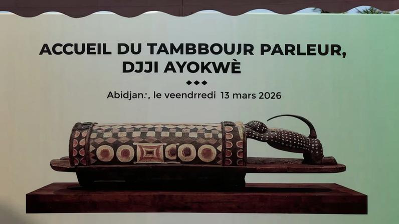 A Photo of the Djidji Ayokwe, an ancestral talking drum of the Atchan people living in southern Ivory Coast, taken from the Ivory Coast during the colonial period and housed at Quai Branly Museum in Paris, is seen in Abidjan, Ivory Coast, March 13, 2026. REUTERS/ Luc Gnago