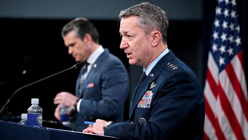 U.S. Secretary of Defense Pete Hegseth and Chairman of the Joint Chiefs of Staff General Dan Caine hold a briefing amid the U.S.-Israeli war on Iran, at the Pentagon in Washington, D.C., U.S., March 19, 2026.