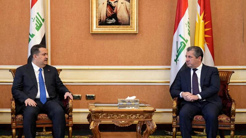 Iraqi Prime Minister Mohammed Shia al-Sudani meets with Prime Minister of the Kurdistan Region Masrour Barzani, in Erbil, Iraq, February 2, 2026.