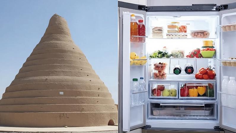 À esquerda, um yakhchal, local de refrigeração feito de barro e criado pelos persas, que inspirou a origem do que conhecemos hoje como geladeira
