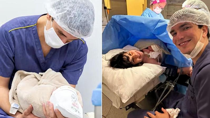 Alessandro Jodar e Isabella Lubrano com a filha recém-nascida, Alice — Foto: Reprodução/Instagram