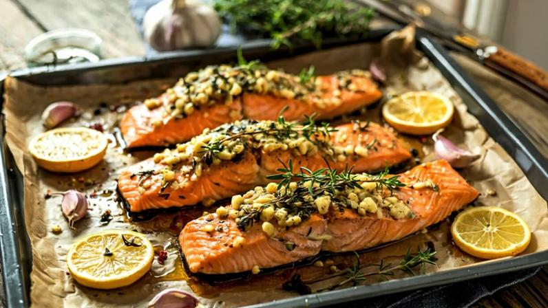 Salmão assado com ervas e limão