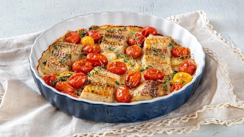 Bacalhau de forno com tomate-cereja