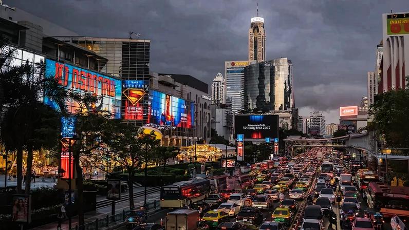 Traffic in front of Baiyoke Tower II in Bangkok, Thailand, on July 14, 2025.