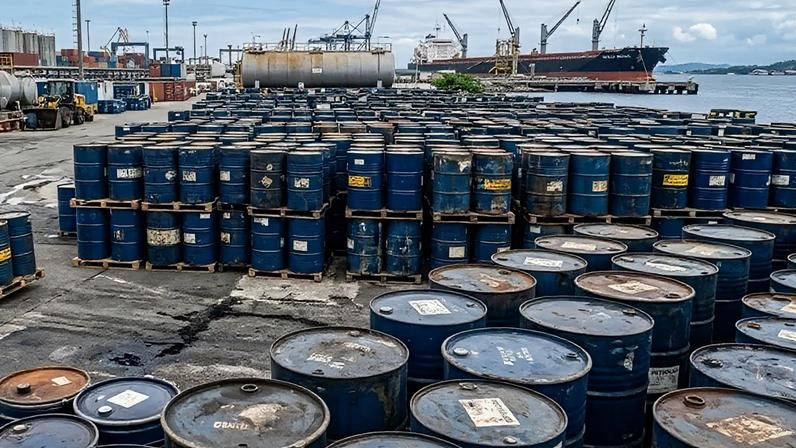 Na imagem, criada com inteligência artificial, barris de petróleo em um porto