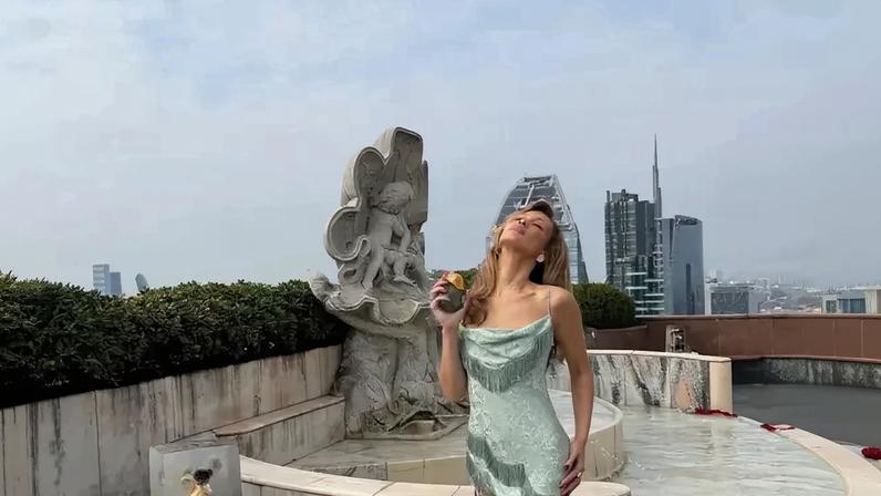 Bella Hadid wore a pale blue-green fringed Christian Dior gown from the house’s Spring/Summer 1998 ready-to-wear collection to an Orebella launch party in Milan.