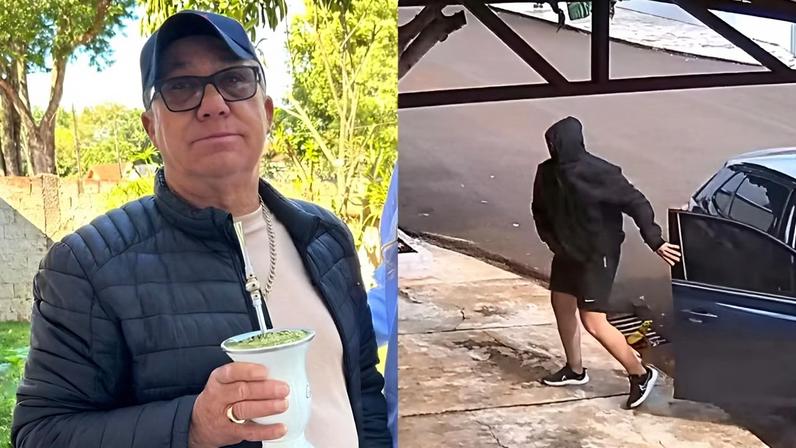 Câmeras de segurança mostram neto disfarçado durante o crime; ele foi preso horas depois; à esquerda, a vítima