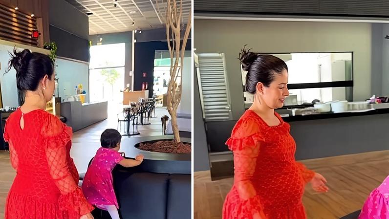 Camila grávida de 9 meses, com a bebê também de 9 meses — Foto: Reprodução/redes sociais