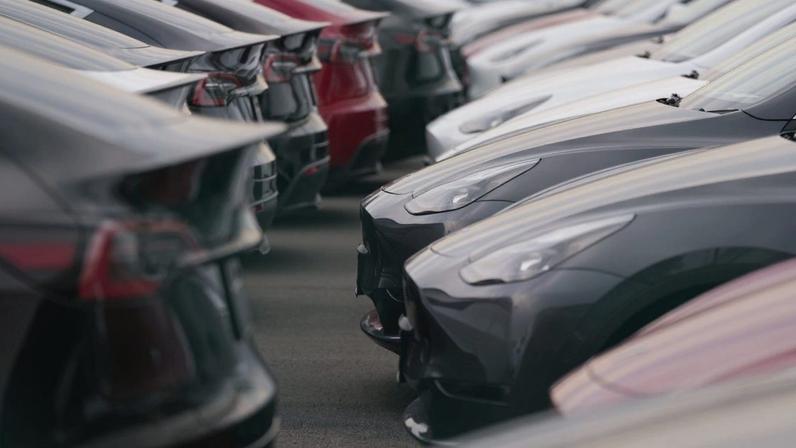 Fileiras paralelas de carros modernos estacionados em pátio. Veículos pretos, brancos, cinzas e vermelhos, vistos de frente e trás.