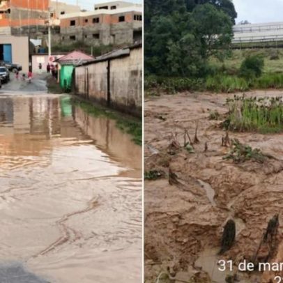 Rompimento de barragem deixa rio transbordado e ruas alagadas