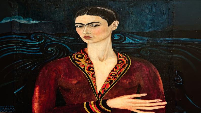 Frida Kahlo’s Self-Portrait (in a Velvet Dress) (1926), painted before the artist embraced Indigenous clothing in the 1930s