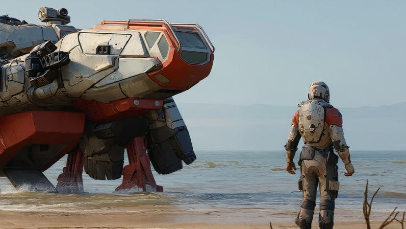 Starfield concept art shows an explorer and their ship.